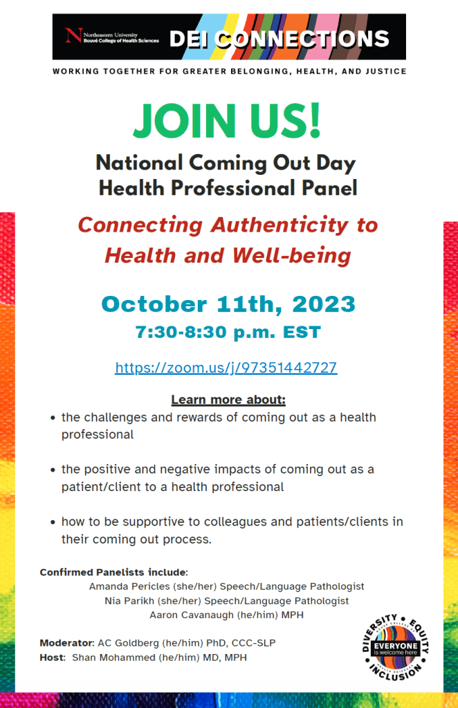 Join us for National Coming Out Day Health Professional Panel: Connecting Authenticity to Health and Well-being. Find more information about the panel in the text below.